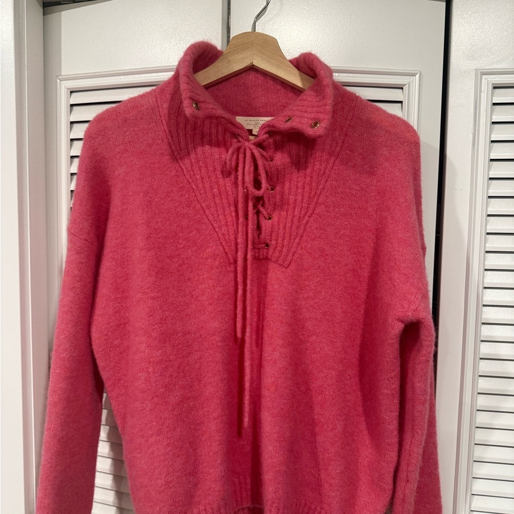 Sezane Vibrant Pink Lace-Up Turtleneck Sweater